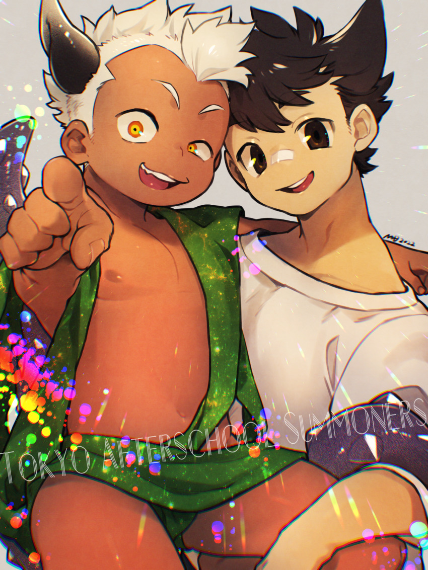 2boys azathoth_(housamo) bandaid bandaid_on_face bandaid_on_nose brown_eyes brown_hair child commentary_request copyright_name dark-skinned_male dark_skin demon_horns english_text highres horns light_particles male_focus mid_(mid_skb) multicolored_eyes multiple_boys muscular muscular_child muscular_male nipples pectorals protagonist_1_(housamo) purple_background rainbow_gradient red_eyes shirt short_hair sideburns smile stomach tokyo_houkago_summoners topless_male upper_body yellow_eyes