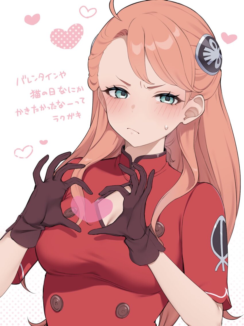 1girl four-finger_heart_hands aida_rayhunton aqua_eyes blush breasts campbell_xx cleavage cleavage_cutout closed_mouth clothing_cutout commentary_request dress gundam gundam_g_no_reconguista hairpods heart heart_hands highres large_breasts long_hair looking_at_viewer orange_hair red_dress short_sleeves simple_background solo sweat translation_request upper_body v-shaped_eyebrows white_background