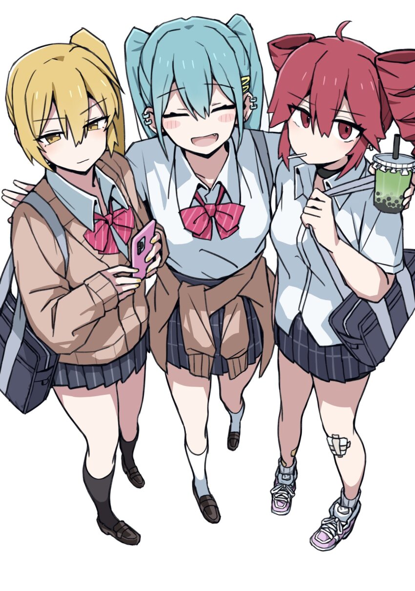 3girls ahoge akita_neru arm_around_shoulder bag bandaid bandaid_on_leg blonde_hair blue_hair blush_stickers bow bowtie bubble_tea cardigan cardigan_around_waist cellphone closed_eyes clothes_around_waist collared_shirt commentary_request cup disposable_cup drill_hair drinking_straw ear_piercing fang foreshortening from_above full_body gauze_on_knee hair_ornament hairclip hatsune_miku highres holding holding_phone holding_strap jitome kasane_teto loafers lollipop_in_mouth long_sleeves looking_at_viewer multiple_girls narrowed_eyes open_mouth phone piercing plaid_clothes plaid_skirt pleated_skirt red_eyes red_hair school_bag school_uniform shirt shoes short_sleeves side_ponytail skirt sleeves_past_wrists smartphone smile sneakers socks striped_bow striped_bowtie striped_clothes teacup triple_baka_(vocaloid) triple_ryuunen tsurime twin_drills twintails utau vocaloid yeelyn123 yellow_eyes