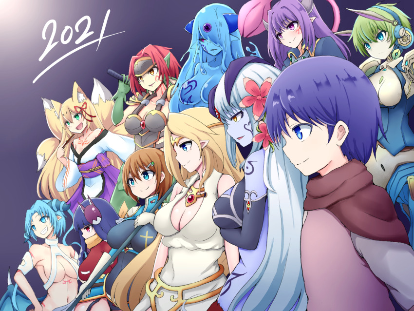 1boy 6+girls alipheese_fateburn_xvi alma_elma animal_ear_fluff animal_ears arm_tattoo armor bare_shoulders blonde_hair blue_eyes breastplate breasts brynhildr_(mon-musu_quest!) cape circlet cleavage closed_mouth collarbone collared_jacket colored_skin commentary_request cross cross_print demon_girl demon_horns dragon_girl elbow_gloves erubetie everyone facial_tattoo flower folding_fan fox_ears fox_tail gloves granberia green_eyes green_hair grin hair_flower hair_ornament hand_fan highres hime_cut holding holding_fan holding_weapon horns ilias jacket japanese_clothes jewelry kitsune large_breasts long_hair looking_to_the_side luka_(mon-musu_quest!) mon-musu_quest! mon-musu_quest:_paradox monster_girl morrigan_(mon-musu_quest!) multiple_girls multiple_tails navel necklace nuruko one_eye_covered open_mouth pointy_ears purple_hair raichi_(ddq0246) red_eyes red_flower red_hair robot scarf short_hair shoulder_pads silver_hair simple_background sleeveless slime_girl smile sonya_(mon-musu_quest!) stomach_tattoo tail tamamo_(mon-musu_quest!) tattoo teeth tongue weapon white_gloves yellow_eyes