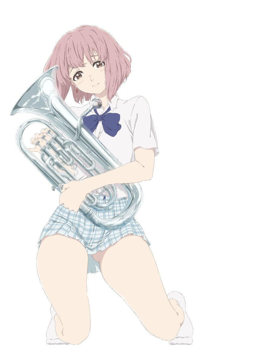 1girl ankle_socks blue_bow blue_bowtie blue_skirt bob_cut bow bowtie brown_eyes dress_shirt earrings full_body gluteal_fold hibike!_euphonium highres instrument jewelry koe_no_katachi kyoto_animation light_blush looking_at_viewer medium_hair nishimiya_shouko pink_hair plaid_clothes plaid_skirt pleated_skirt shirt skirt socks solo tanaka29556626 tareme tuba white_background