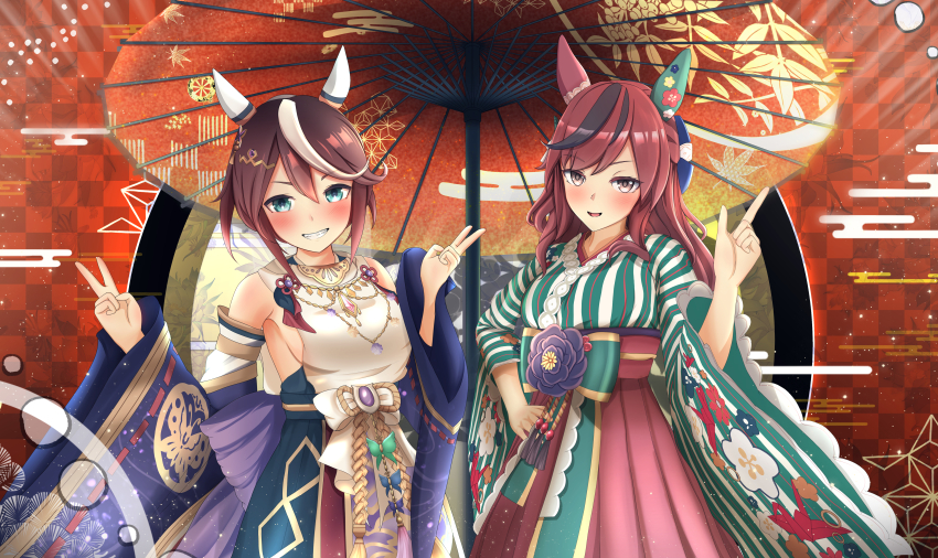 2girls absurdres animal_ears artist_name bare_shoulders black_eyes blue_eyes blush bow breasts brown_hair closed_mouth commentary_request cowboy_shot detached_sleeves ear_covers ear_ornament egasumi floral_print green_kimono h_stone514 hair_between_eyes hair_bow hair_down highres holding horse_ears horse_girl horse_tail japanese_clothes jewelry kimono long_hair long_sleeves looking_at_viewer medium_hair multicolored_hair multiple_girls necklace nice_nature_(converging_wishes)_(umamusume) nice_nature_(umamusume) official_alternate_costume official_alternate_hairstyle open_mouth ponytail print_kimono purple_bow shirt short_hair sideless_shirt sleeveless sleeveless_shirt small_breasts smile streaked_hair striped_clothes striped_kimono tail tokai_teio_(dream_butterfly_of_purple_clouds)_(umamusume) tokai_teio_(umamusume) two-tone_hair umamusume veil vertical-striped_clothes vertical-striped_kimono white_hair white_shirt wide_sleeves