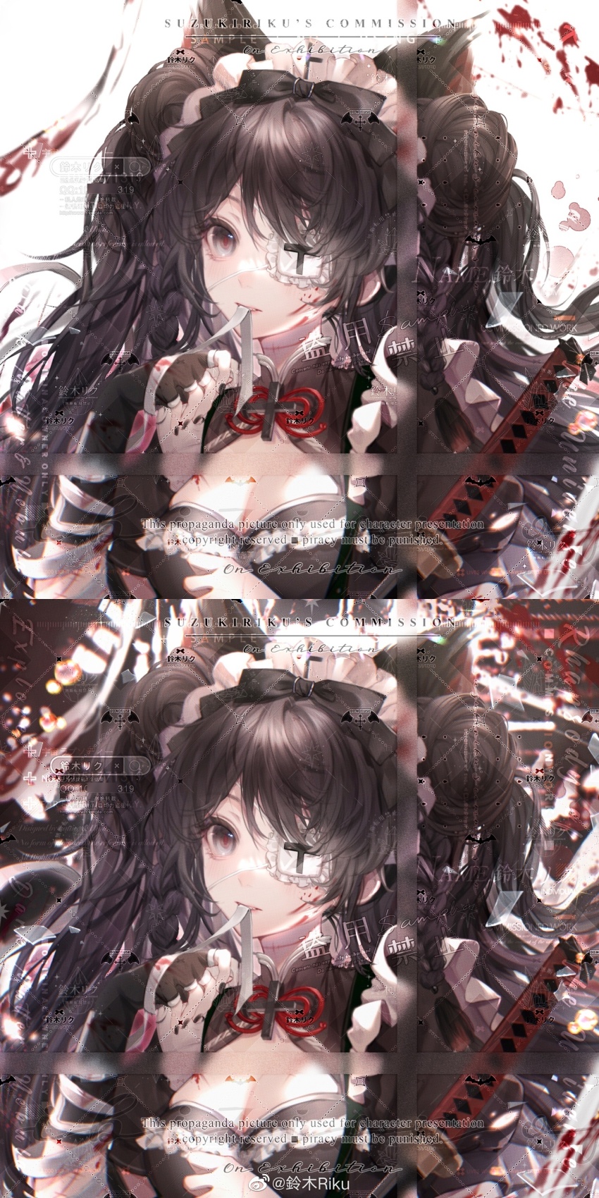 1girl absurdres animal_ears apron bandaged_hand bandages black_background black_bow black_dress black_gloves black_hair black_nails blood blood_on_hands blood_splatter bow breasts cat_ears chinese_commentary cleavage cleavage_cutout clothing_cutout collared_dress commentary_request commission cross cross_print double_bun dress eyelashes eyepatch fingerless_gloves frilled_apron frilled_eyepatch frills gloves grey_eyes hair_bow hair_bun hand_on_own_chest high_collar highres katana large_breasts light_particles lingmu_riku long_hair looking_at_viewer maid maid_headdress medical_eyepatch mouth_hold nail_polish original pink_lips puffy_short_sleeves puffy_sleeves red_pupils red_ribbon ribbon sample_watermark short_sleeves single_fingerless_glove sparkle sword teeth too_many_watermarks twintails two-tone_background upper_body variations very_long_hair watermark weapon weibo_watermark white_apron white_background