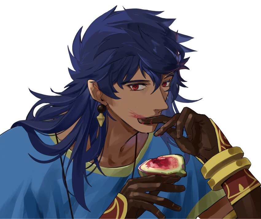 1boy blue_hair dark-skinned_male dark_blue_hair dark_skin donkey_fgo earrings eating fate/grand_order fate_(series) fig food food_on_face fruit greco-roman_clothes hair_between_eyes highres holding holding_food holding_fruit jewelry long_hair looking_at_viewer male_focus red_eyes romulus_quirinus_(fate) smeared_blood solo very_long_hair