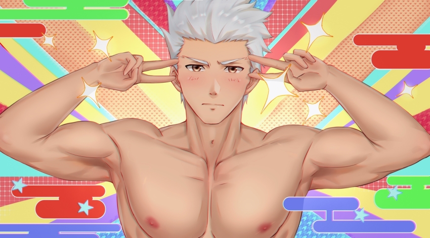 1boy archer_(fate) blush closed_mouth dark-skinned_male dark_skin double_v emotional_engine_-_full_drive fate/grand_order fate/stay_night fate_(series) large_pectorals looking_at_viewer male_focus muscular muscular_male pectorals short_hair sking solo star_(symbol) topless_male upper_body v white_hair
