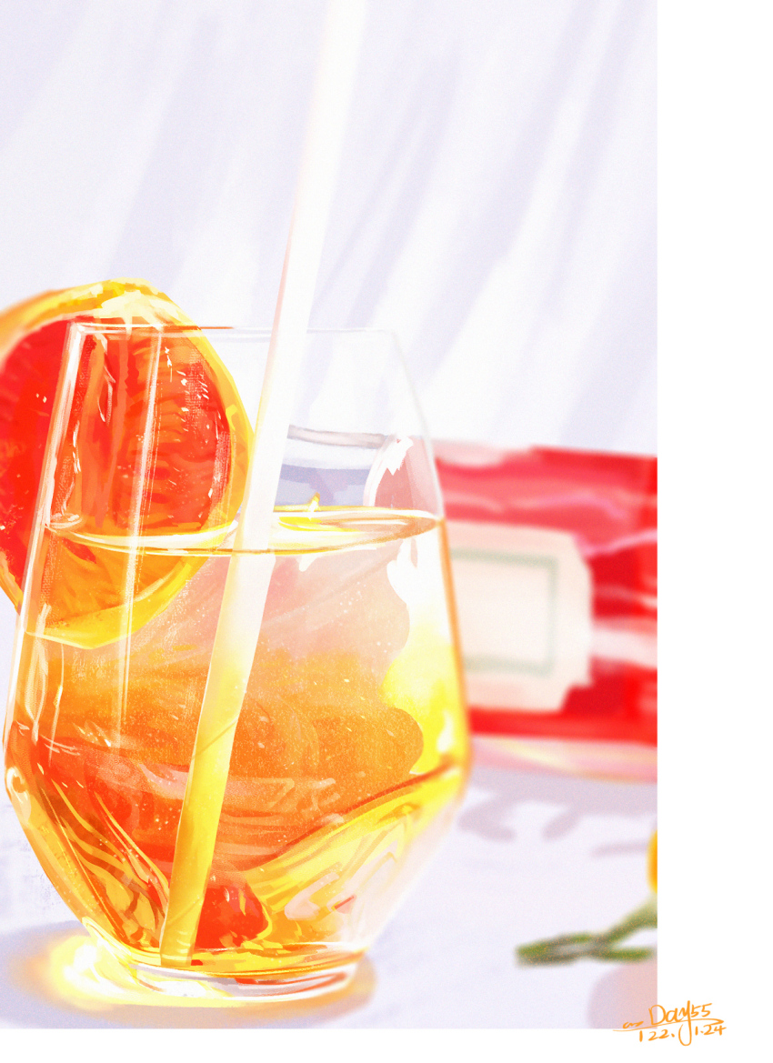 border chinese_commentary commentary_request dated drinking_straw food_focus glass grapefruit grapefruit_slice highres indoors juice no_humans original sanshui_guantang shadow signature table white_border