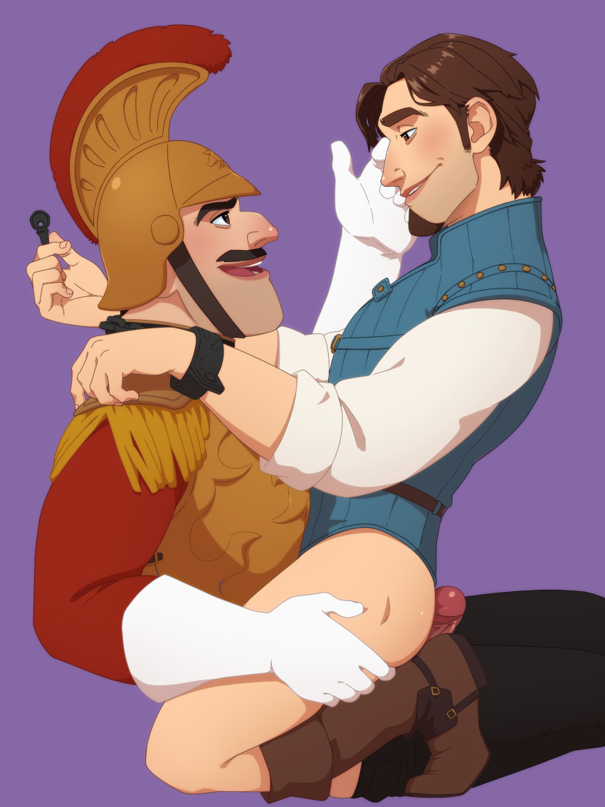 2boys absurdres armor ass bara boots bottomless brown_hair erection flynn_rider full_body gloves grin helmet highres key male_focus multiple_boys naughty_face penis security_guard smile smith_(ardp13) stealing straddling sweat tangled yaoi