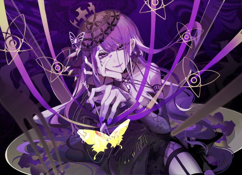1girl abstract_background aegyo_sal bare_shoulders black_background black_dress black_sleeves blunt_bangs blurry blurry_foreground breasts bug butterfly butterfly_hair_ornament buttons closed_mouth commentary_request criss-cross_halter detached_sleeves double-breasted dress earrings elbow_gloves eyelashes fingerless_gloves foreshortening fork full_body gem gloves hair_ornament half-closed_eyes halterneck hand_on_own_cheek hand_on_own_face hands_up highres holding holding_fork insect jewelry knees_out_of_frame knife kuroume_(aihikarikuroume24) lace lace_gloves large_breasts legwear_garter long_sleeves nail_polish on_plate original plate puffy_long_sleeves puffy_sleeves purple_background purple_eyes purple_gemstone purple_hair purple_lips purple_nails purple_ribbon purple_theme ribbon ringed_eyes simple_background single_detached_sleeve single_elbow_glove single_fingerless_glove single_glove single_sleeve sitting sleeveless sleeveless_dress smile spaghetti_strap spoon thigh_strap tsurime two-tone_background veil wavy_hair yellow_butterfly