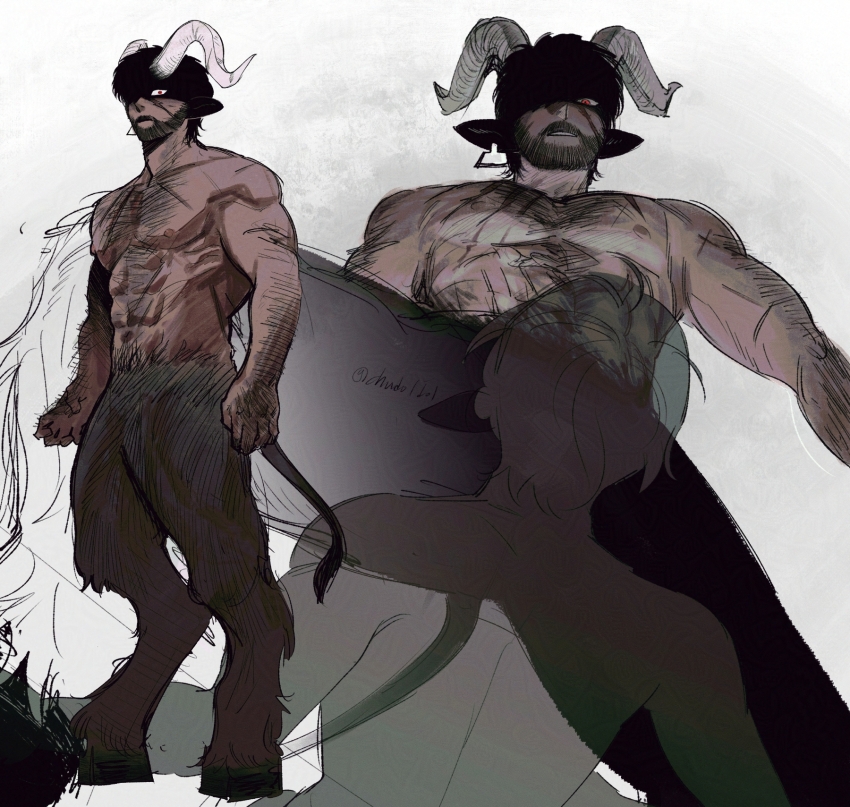 2boys abs animal_ears bara beard_stubble body_fur collage cow_boy curled_horns facial_hair from_below frown goat_boy goat_ears goat_horns goat_legs goat_tail hairy hand_hair highres horns invisible_man large_pectorals looking_at_viewer male_focus mature_male multiple_boys muscular muscular_male navel navel_hair nipples original partially_shaded_face pectorals red_eyes satyr short_hair spread_legs stubble thick_arm_hair thick_chest_hair thick_eyebrows very_hairy yaoi yon13498812