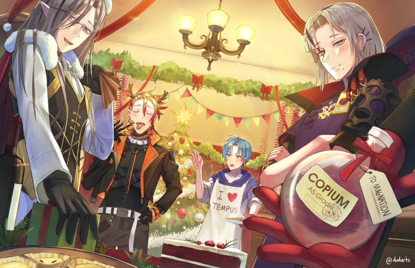 4boys absurdres apron axel_syrios bag black_gloves blonde_hair blue_hair blush cake christmas christmas_tree closed_eyes closed_mouth collarbone cookie crossed_arms dvdarts ear_piercing eating food glasses gloves hand_on_own_hip hat highres holding holding_bag holostars holostars_english hood hoodie indoors jacket long_sleeves looking_at_another looking_at_viewer magni_dezmond mole mole_under_mouth multicolored_hair multiple_boys noir_vesper noir_vesper_(old_design) open_clothes open_jacket open_mouth piercing pointy_ears purple_hair red_gloves red_hair red_velvet_cake regis_altare santa_hat short_hair smile virtual_youtuber