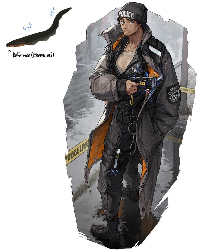 1boy absurdres beanie black_coat black_eyes black_hat cigarette coat cuffs eel electric_eel electricity electroshock_weapon energy energy_weapon eyebrow_cut facial_hair full_body grey_eyes gun hand_in_pocket handcuffs hat heterochromia highres holding holding_weapon less-than-lethal_weapon long_sleeves original outdoors personification police rain reflection rinotuna see-through_clothes shirt simple_background smoking solo standing stubble taser taser_x26 weapon wet wet_clothes wet_shirt white_background
