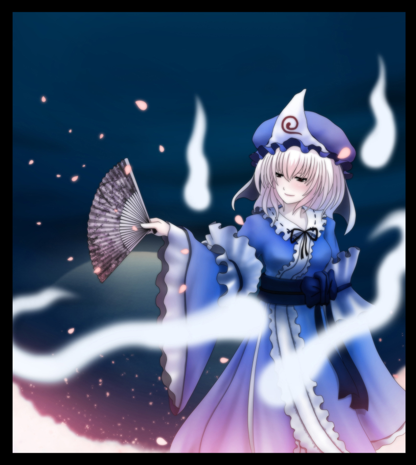 1girl bad_id bad_pixiv_id bow delant hand_fan female_focus folding_fan frills ghost hachifuku hat highres japanese_clothes petals pink_eyes pink_hair saigyouji_yuyuko solo touhou