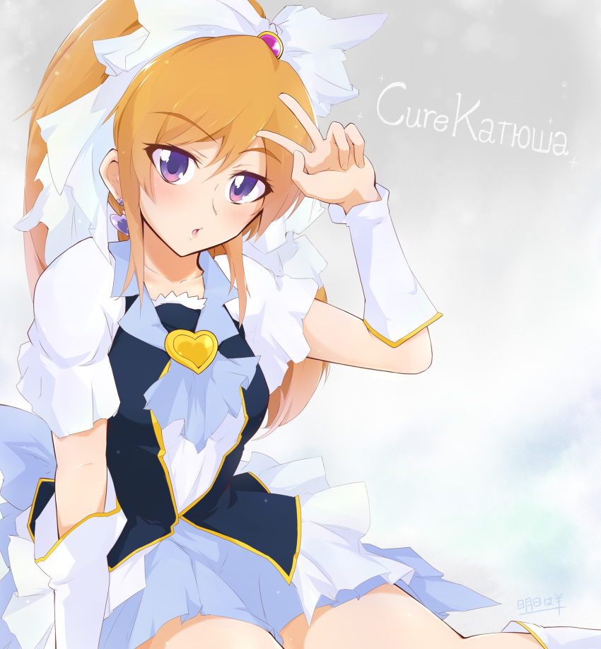 10s 1girl ashita_wa_hitsuji blonde_hair blush bow brooch character_name cure_katyushu0430 earrings female_focus hair_bow happinesscharge_precure! heart heart_brooch heart_earrings highres jewelry long_hair magical_girl ponytail precure purple_eyes ranguage russian_text short_hair solo v