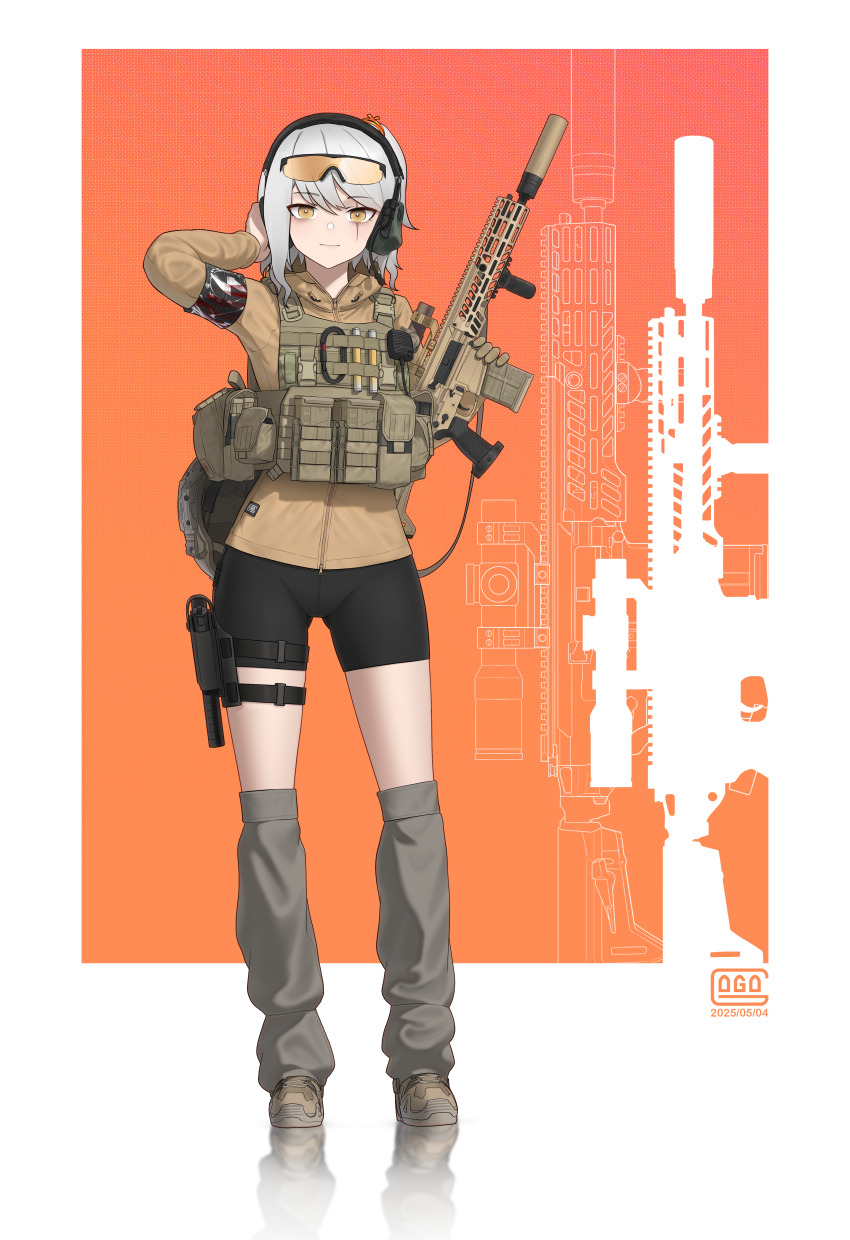 1girl absurdres ammunition_pouch armband artist_logo bike_shorts black_shorts brown_eyes brown_gloves brown_jacket brown_shoes bulletproof_vest carabiner closed_mouth combat_helmet commission dated eyewear_on_head full_body gloves gogo_(gogo_23) grey_hair gun handgun helmet highres holster holstered jacket leg_warmers lightstick logo looking_at_viewer orange-tinted_eyewear original pouch rifle scar scar_across_eye scar_on_face shoes short_hair shorts sig_mcx sig_sauer single_glove solo suppressor tactical_clothes thigh_holster tinted_eyewear unworn_headwear unworn_helmet weapon