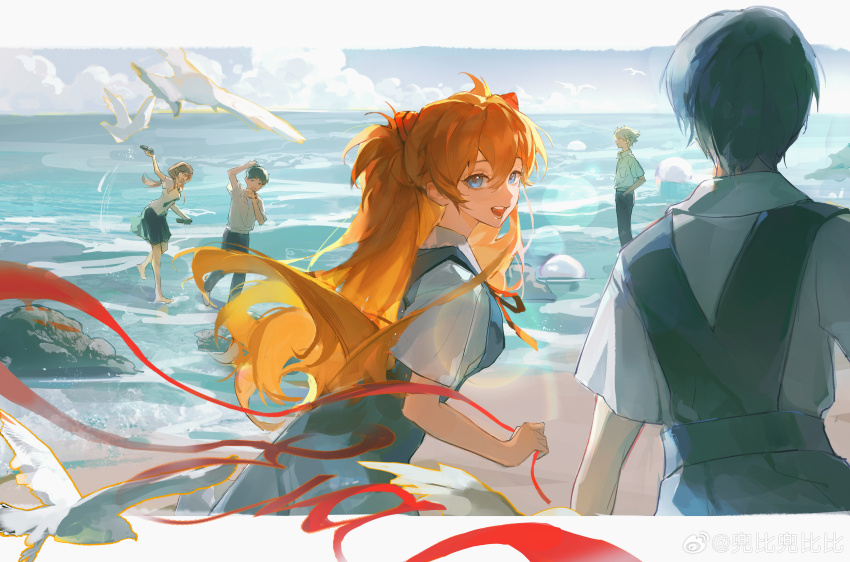 2boys 2girls :d absurdres ayanami_rei beach bird black_pants blue_eyes blue_hair blue_skirt cloud day eva_(metal_gear) highres ikari_shinji interface_headset long_hair looking_at_viewer multiple_boys multiple_girls nagisa_kaworu neck_ribbon neon_genesis_evangelion ocean open_mouth orange_hair outdoors pants red_ribbon ribbon school_uniform seagull shirt short_hair short_sleeves skirt sky smile souryuu_asuka_langley standing tokyo-3_middle_school_uniform water white_shirt yuanyi163