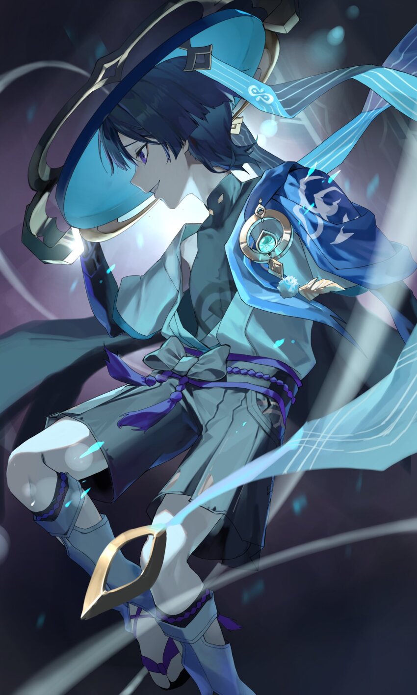 1boy anemo_symbol_(genshin_impact) aqua_gemstone arm_at_side armor belt black_belt black_bodysuit black_bow black_bridal_gauntlets black_hair black_shorts blue_cape blue_hat blue_kimono blue_sleeves blunt_ends bodysuit bow bridal_gauntlets cape clothing_cutout commentary_request eyelashes eyeliner eyeshadow feathers gem genshin_impact gold grey_background grin hakama hakama_shorts hand_up hat highres hip_vent japanese_armor japanese_clothes jingasa juban kimono kote kurokote layered_sleeves leg_warmers looking_to_the_side makeup male_focus mandarin_collar open_clothes open_kimono pleated_shorts pom_pom_(clothes) purple_eyes purple_rope purple_sash red_eyeliner red_eyeshadow rope sash scaramouche_(genshin_impact) short_sleeves shorts shoulder_peek smile solo tabi tassel teeth tilted_headwear toeless_legwear usagi_sakaki_(tosaka) wanderer_(genshin_impact) white_kimono white_leg_warmers white_sleeves white_trim wind yellow_feathers