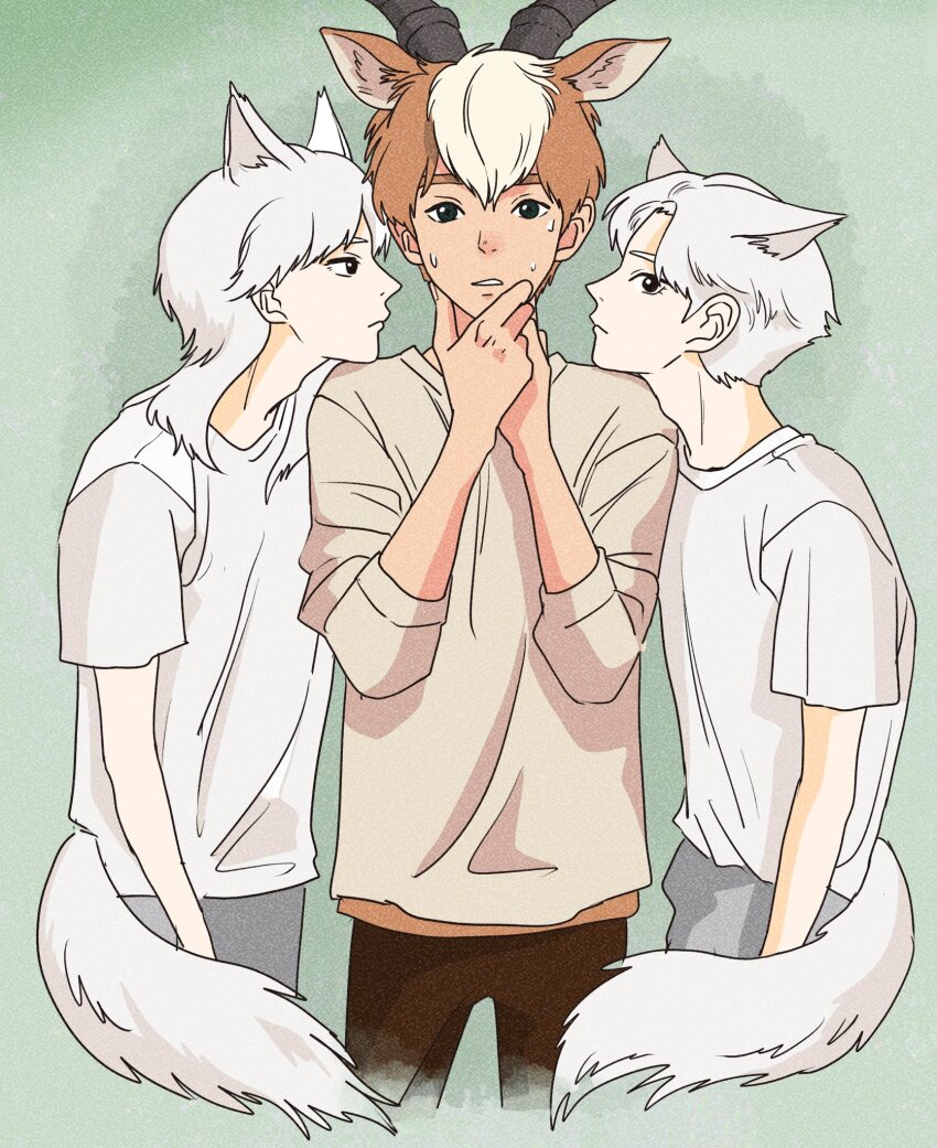 3boys animal_ears brothers brown_hair brown_pants commentary deer_boy deer_ears extra_ears green_background grey_pants hands_up head_on_another&#039;s_shoulder highres horns long_hair long_sleeves looking_at_viewer male_focus mononoke_hime moro_no_ichizoku multicolored_hair multiple_boys own_hands_together pants personification profile rikaco1988 shirt short_hair siblings sideways_glance simple_background sweat symbol-only_commentary t-shirt tail two-tone_hair white_hair white_shirt wolf_boy wolf_ears wolf_tail yakul