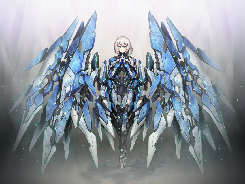 1girl aqua_eyes armor blue_eyes bodysuit floating full_body grey_hair highres hyemalequisetum looking_at_viewer mecha_musume mechanical_wings medium_hair original own_hands_together science_fiction short_hair solo straight-on white_hair wings