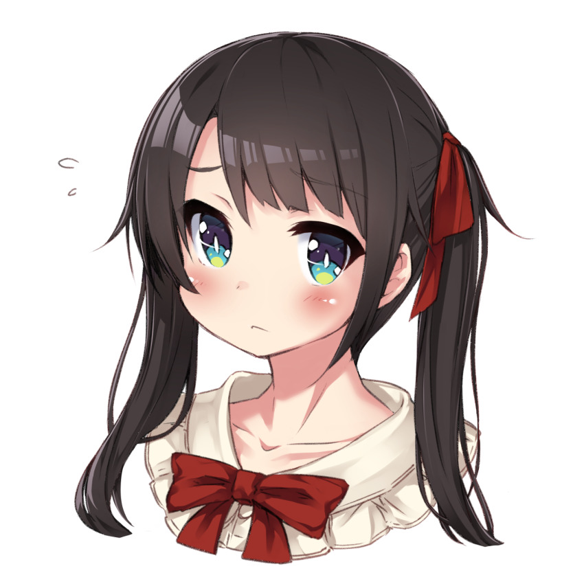 1girl :&lt; aqua_eyes asymmetrical_bangs beige_shirt blush bow bowtie bright_pupils brown_hair closed_mouth collarbone collared_shirt eyelashes flying_sweatdrops hair_bow highres hololive long_hair looking_at_viewer multicolored_eyes oozora_subaru oozora_subaru_(casual) portrait red_bow red_bowtie shirt simple_background solo swept_bangs tamase_tama twintails virtual_youtuber white_background white_pupils white_shirt