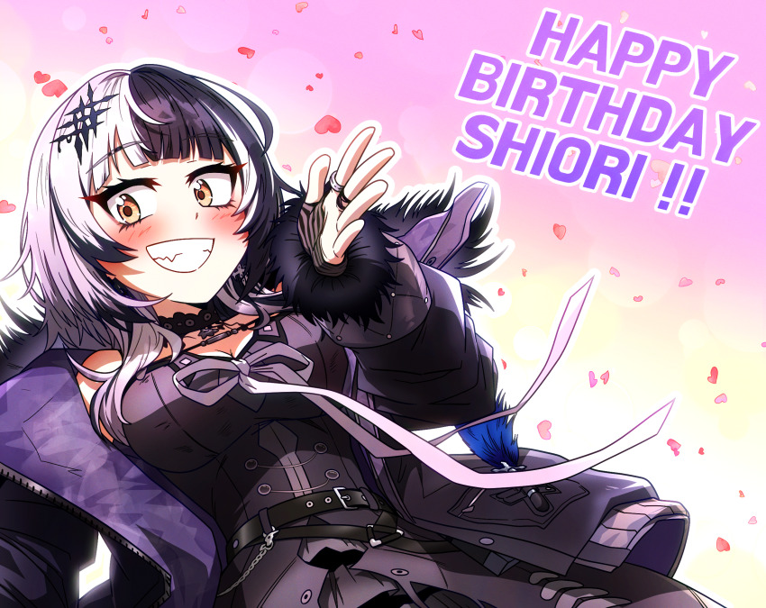 1girl belt belt_pouch black_belt black_choker black_coat black_dress black_hair blush breast_strap breasts check_commentary choker coat commentary_request ddolbang dress fingerless_gloves fur-trimmed_coat fur_trim gloves grey_hair grin happy_birthday highres hololive hololive_english jewelry korean_commentary long_hair long_sleeves looking_at_viewer medium_breasts multicolored_hair pouch ring shiori_novella shiori_novella_(1st_costume) sleeveless sleeveless_dress smile solo split-color_hair virtual_youtuber yellow_eyes