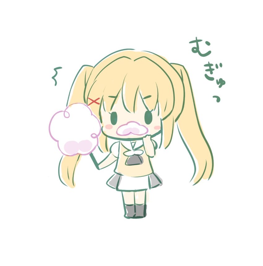 1girl ^^^ black_eyes blonde_hair blush_stickers chibi commentary_request cotton_candy fake_facial_hair foam_mustache food hair_between_eyes hair_intakes hair_ornament hand_up holding holding_cotton_candy holding_food hoshimame_mana long_hair looking_at_viewer school_uniform shirt simple_background skirt solo standing summer_pockets tsumugi_wenders twintails white_background white_skirt x_hair_ornament yellow_shirt