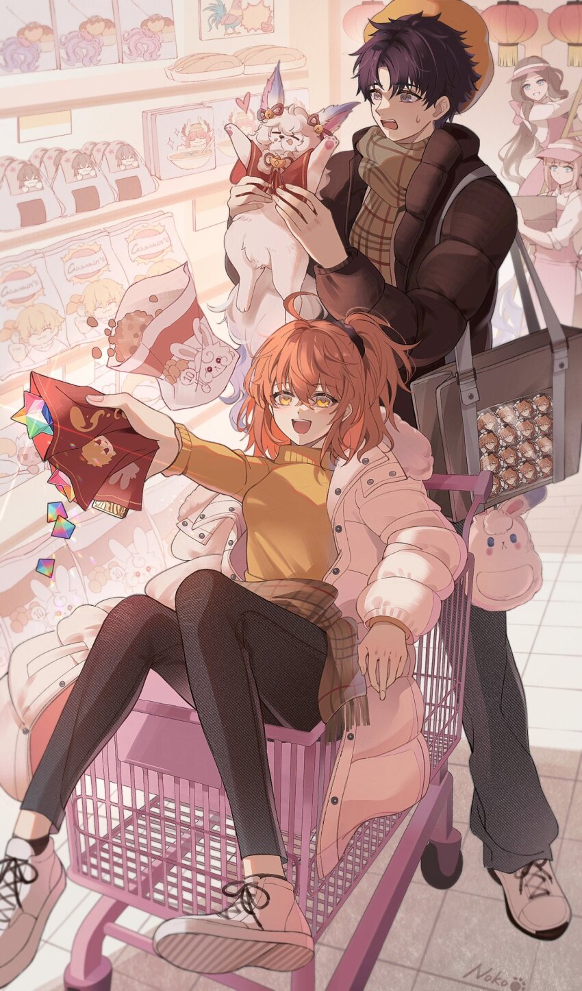 2boys 2girls ahoge animal bag black_coat black_hair black_jacket black_pants black_scrunchie blue_eyes brown_scarf captain_nemo_(fate) circe_(fate) coat dullnoko fate/grand_order fate_(series) fou_(fate) fujimaru_ritsuka_(female) fujimaru_ritsuka_(female)_(winter_casual) fujimaru_ritsuka_(male) fujimaru_ritsuka_(male)_(winter_casual) fur_trim gawain_(fate) gilgamesh_(fate) hair_between_eyes hair_ornament hair_scrunchie handbag highres holding holding_animal in_shopping_cart itabag jacket leonardo_da_vinci_(fate) leonardo_da_vinci_(fate/grand_order) leonardo_da_vinci_(rider)_(fate) long_sleeves multiple_boys multiple_girls nemo_(fate) official_alternate_costume one_side_up open_clothes open_mouth orange_eyes orange_hair oshi-katsu pants plaid_clothes plaid_scarf saint_quartz_(fate) scarf scrunchie shirt shopping_cart short_hair smile white_jacket winter_clothes yamato_takeru_(fate) yellow_shirt