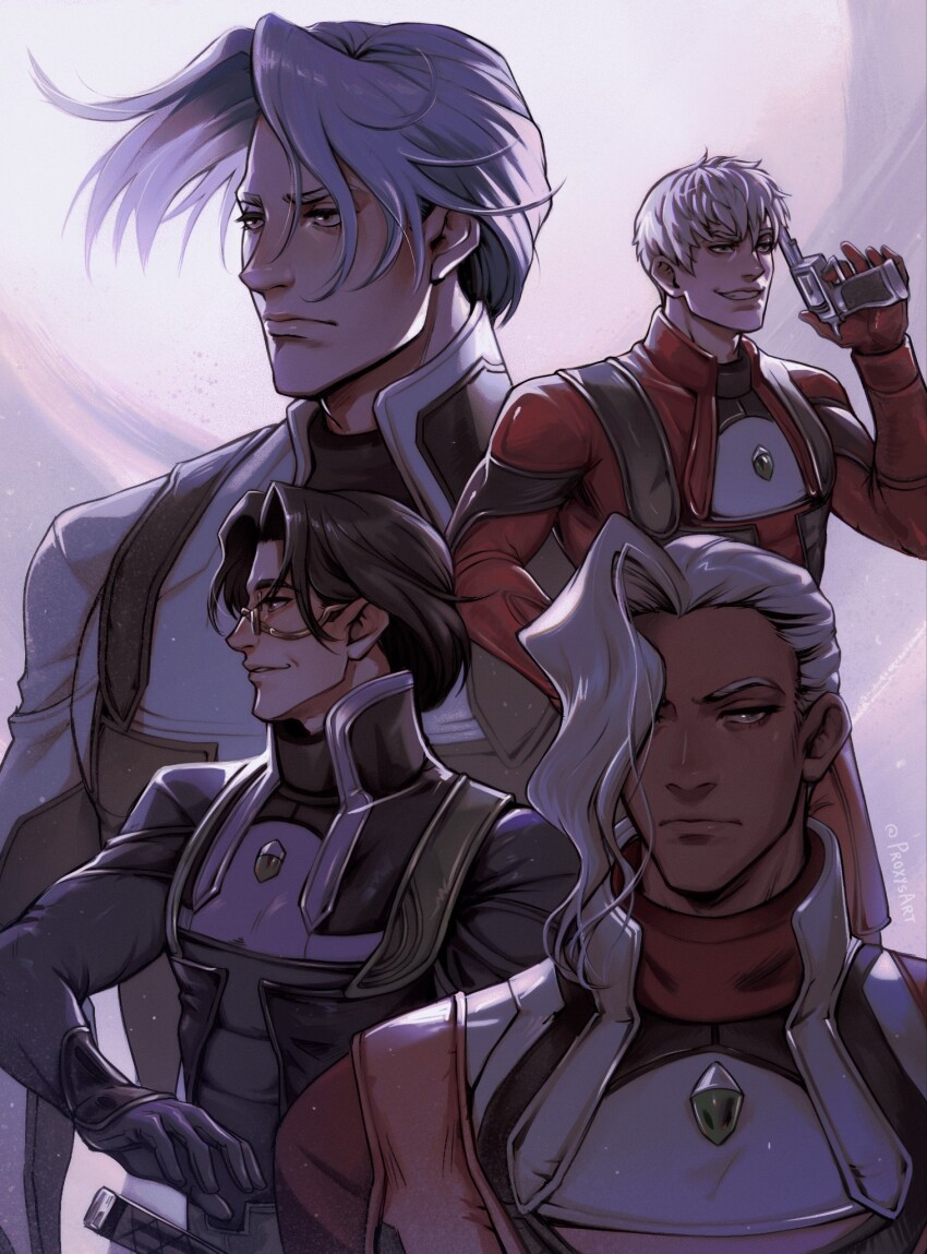 4boys artist_name black_gloves black_hair citan_uzuki glasses gloves grin gun hair_over_one_eye highres holding holding_gun holding_weapon jessiah_black kahran_ramsus long_hair male_focus mature_male mecha_pilot_suit multiple_boys proxysart red_gloves serious sheath sheathed short_hair sigurd_harcourt smile upper_body weapon white_hair xenogears