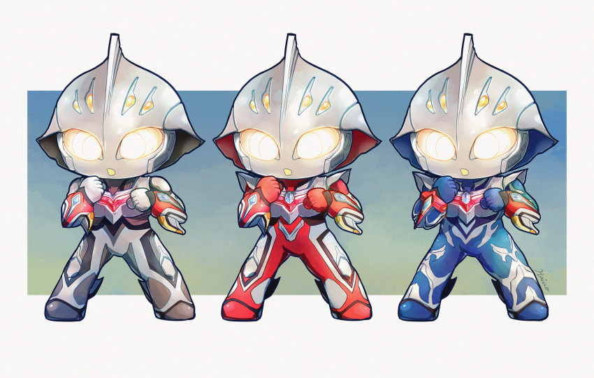 1boy alien arm_blade black_skin blue_background blue_skin chibi clenched_hands color_timer colored_skin commentary_request dorsal_fin full_body glowing glowing_eyes grey_background grey_skin highres legs_apart male_focus multicolored_skin open_mouth red_skin signature silver_skin standing tochiringo tokusatsu ultra_series ultraman_nexus ultraman_nexus_(series) ultraman_nexus_anphans ultraman_nexus_junis ultraman_nexus_junis_blue vambraces variations weapon yellow_eyes