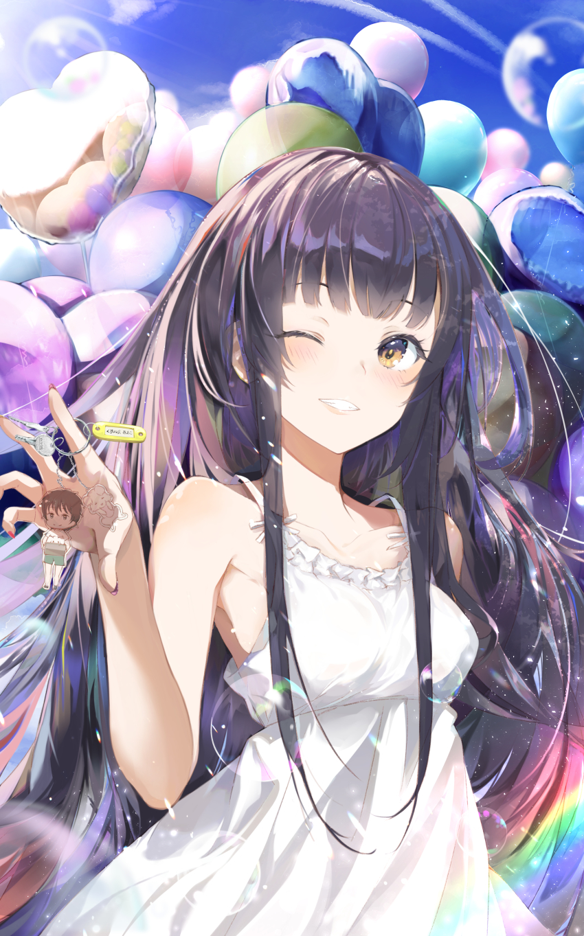 1girl absurdres balloon blue_sky blunt_bangs blush breasts bubble collarbone dress eunip highres kimi_ni_todoke kuronuma_sawako long_bangs long_hair looking_at_viewer medium_breasts one_eye_closed purple_hair sky smile solo summer sundress sunlight white_dress yellow_eyes