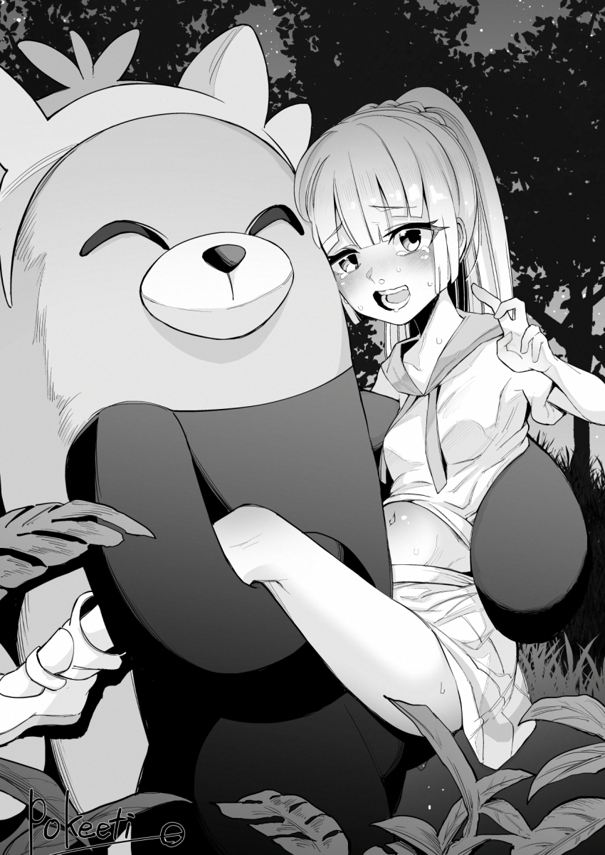 1girl bestiality bewear breasts gen_7_pokemon greyscale hetero highres lillie_(pokemon) long_hair looking_at_viewer monochrome nintendo outdoors pokeeti pokemon pokemon_(creature) pokemon_sm pokephilia ponytail sex shirt skirt small_breasts stomach_bulge suspended_congress tearing_up v