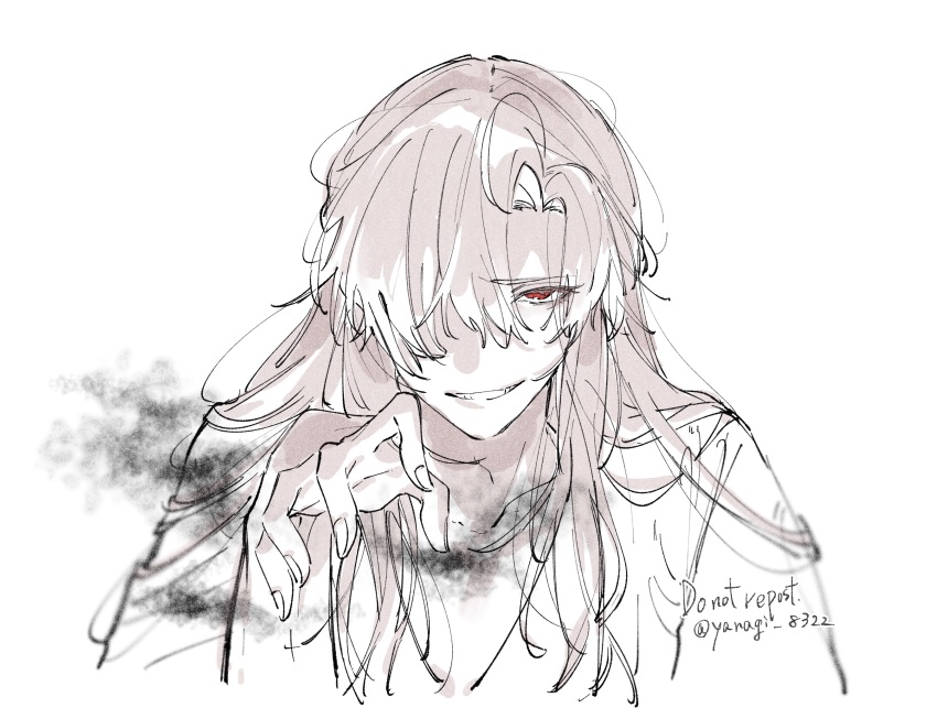 1boy black_smoke chinese_clothes collarbone greyscale grin gymnasium119 hair_down hair_over_one_eye half_updo hand_up hanfu highres long_hair looking_at_viewer male_focus modao_zushi monochrome official_alternate_hairstyle parted_lips red_eyes robe simple_background sketch smile smoke solo spot_color twitter_username upper_body wei_wuxian wei_wuxian_(yiling_laozu) white_background