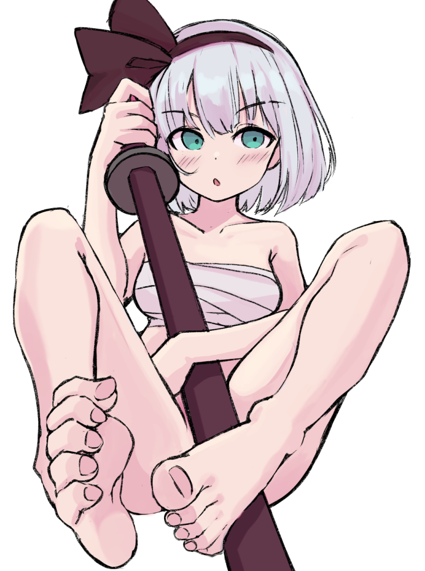 1girl :o bottomless bra covering_crotch covering_privates feet green_eyes highres holding holding_sword holding_weapon katana konpaku_youmu sarashi simple_background soles solo spread_legs sword toenails touhou underwear weapon white_background white_bra white_hair yuuka_(a0240765)