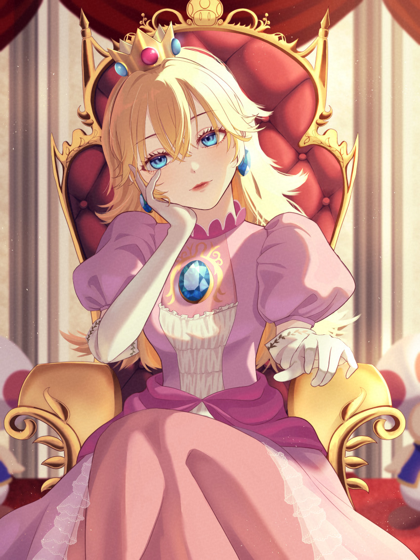 1girl absurdres blonde_hair blue_eyes crown dress earrings elbow_gloves gloves hair_between_eyes hand_on_own_head head_rest highres jewelry lipgloss lipstick long_hair looking_at_viewer makeup mario_(series) nagi-negitoro nintendo pink_dress pink_lips princess_peach sitting solo super_mario_bros._1 toad_(mario) white_gloves