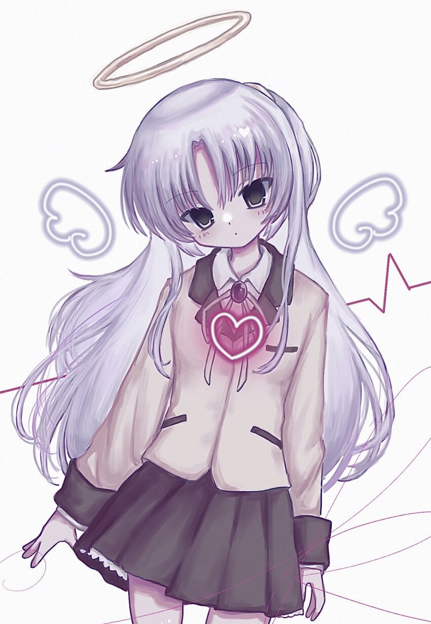 1girl angel_beats! black_skirt blazer blush brooch cardiogram closed_mouth collared_shirt cowboy_shot curtained_hair dot_mouth grey_hair halo hashtag-only_commentary head_tilt heart highres imydestination jacket jewelry long_hair long_sleeves looking_at_viewer miniskirt neck_ribbon pleated_skirt ribbon school_uniform shirt sidelocks skirt solo standing string string_of_fate tachibana_kanade traditional_halo white_background white_shirt yellow_eyes yellow_jacket