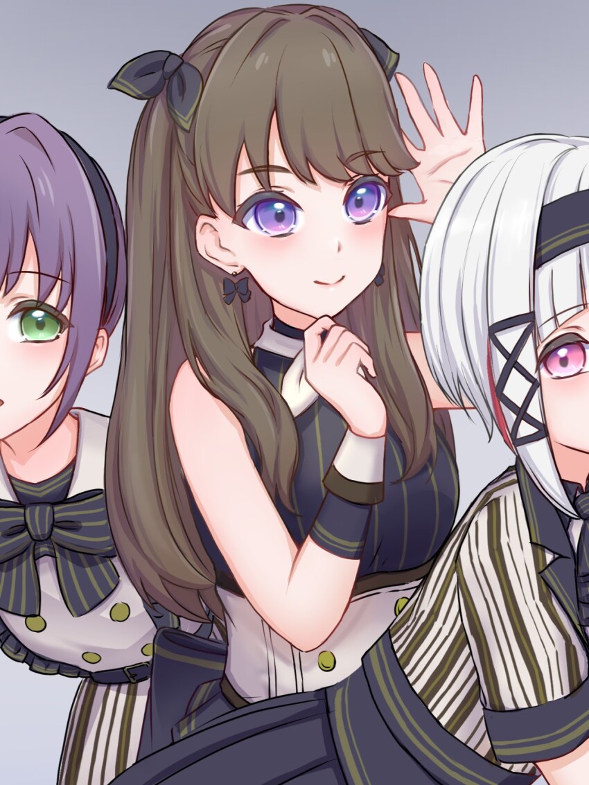 3girls ascot black_ascot black_bow black_bowtie black_hairband black_headband black_thighhighs blush bow bowtie breasts brown_hair closed_mouth commentary cowboy_shot diagonal_bangs fujishima_megumi gradient_background green_eyes grey_background hair_bow hairband headband highres kannogi large_breasts link!_like!_love_live! long_hair love_live! multicolored_hair multiple_girls official_alternate_costume otomune_kozue pink_eyes pinstripe_ascot pinstripe_bow pinstripe_bowtie pinstripe_pattern pinstripe_shirt purple_eyes purple_hair red_hair shirt short_hair sidelocks simple_background smile solo_focus split_mouth streaked_hair thighhighs two_side_up unfinished virtual_youtuber white_hair white_wrist_cuffs wrist_cuffs yugiri_tsuzuri yunokuni_girls!_(love_live!)