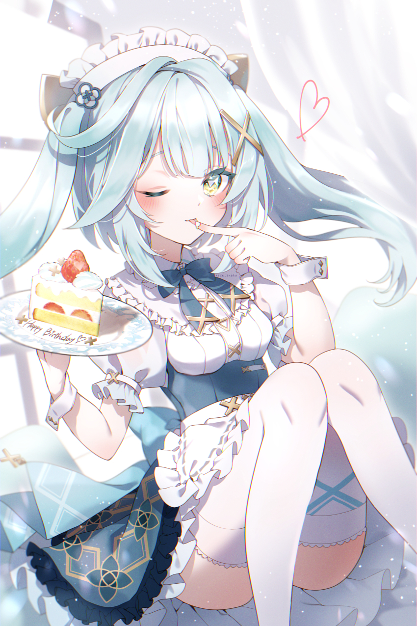 1girl ;p absurdres apron aqua_hair aqua_skirt cake closed_mouth commentary_request faruzan_(genshin_cafe_in_seoul)_(genshin_impact) faruzan_(genshin_impact) finger_to_tongue food genshin_impact green_eyes hair_ornament happy_birthday highres holding holding_plate kise_inaka legs_up long_hair looking_at_viewer maid maid_apron maid_headdress official_alternate_costume one_eye_closed plate shirt short_sleeves sitting skirt solo thighhighs tongue tongue_out twintails white_apron white_shirt white_thighhighs x_hair_ornament