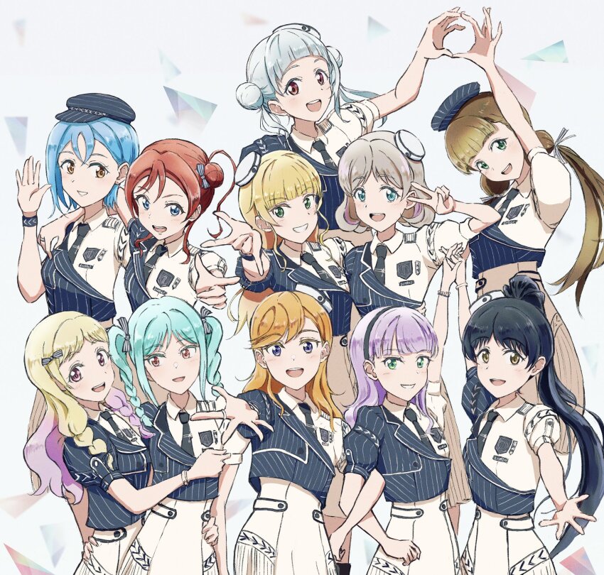 6+girls :d aqua_hair arashi_chisato arched_bangs arm_around_neck arm_up black_hair black_hairband black_hat black_jacket black_necktie black_ribbon blonde_hair blue_eyes blue_hair blunt_bangs braid braided_twintails brown_hair circle_hands circle_hands_duo collared_dress cropped_jacket double_bun dress everyone finger_gun green_eyes grey_hair grin hair_bun hair_ribbon hairband hand_up hat hazuki_ren heanna_sumire high_ponytail highres holding_hands interlocked_fingers jacket jungle_zzz light_brown_hair locked_arms long_hair love_live! love_live!_superstar!! low_twin_braids low_twintails medium_hair mini_hat multiple_girls necktie offering_hand official_alternate_costume onitsuka_natsumi onitsuka_tomari open_hand open_mouth orange_hair pinstripe_hat pinstripe_jacket pinstripe_pattern ponytail puffy_short_sleeves puffy_sleeves purple_eyes purple_hair red_eyes red_hair ribbon sakurakoji_kinako shekira_(love_live!) shibuya_kanon short-sleeved_jacket short_hair short_sleeves siblings single_side_bun single_sleeve sisters smile striped_ribbon tang_keke teeth tilted_headwear twin_braids twintails upper_teeth_only v wakana_shiki white_background white_dress white_hat wien_margarete yellow_eyes yoneme_mei