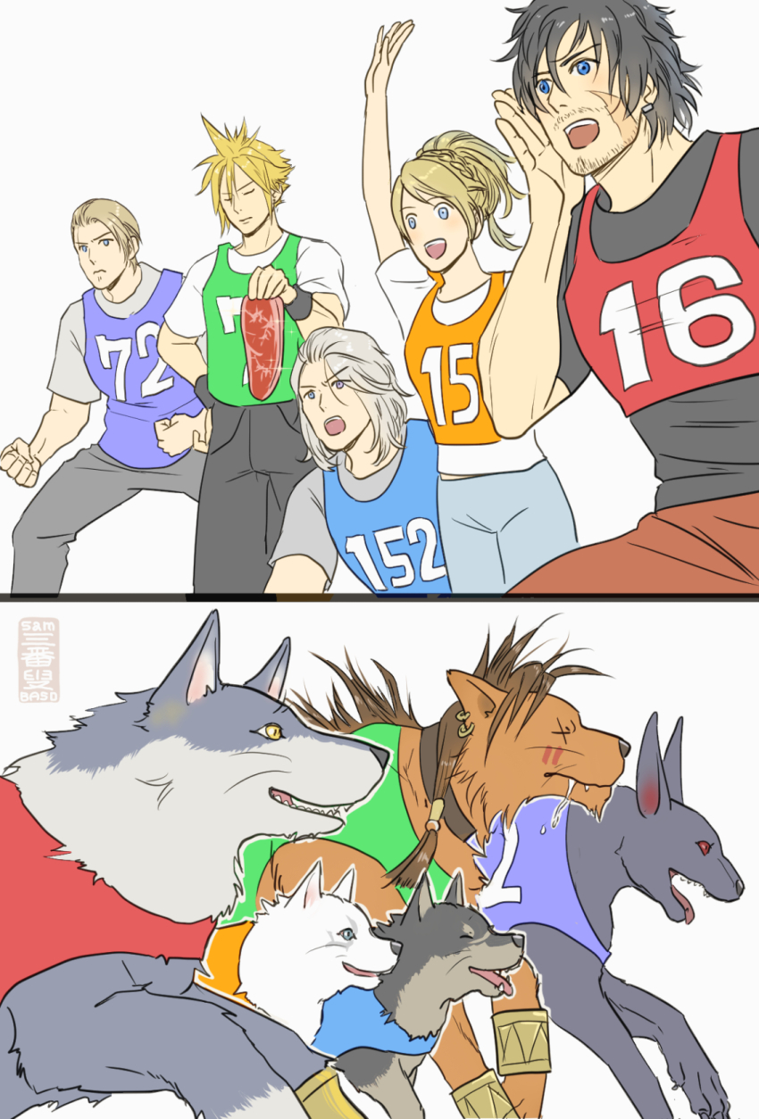1girl 4boys animal animal_earrings beads black_collar black_fur black_hair black_pants black_shirt blonde_hair blue_eyes blue_shirt breasts brother_and_sister brown_hair clenched_hands clive_rosfield closed_eyes cloud_strife collar dark_nation dog facial_hair facial_mark facial_scar final_fantasy final_fantasy_vii final_fantasy_vii_rebirth final_fantasy_vii_remake final_fantasy_xv final_fantasy_xvi food green_shirt grey_eyes grey_fur grey_hair grey_pants grey_shirt hair_beads hair_between_eyes hair_ornament hand_up highres holding holding_food jersey long_hair lunafreya_nox_fleuret meat medium_breasts medium_hair multiple_boys numbered open_mouth orange_fur orange_shirt pants parted_bangs ponytail pryna_(ff15) ravus_nox_fleuret red_eyes red_pants red_shirt red_xiii rufus_shinra saliva samba_s0 scar scar_across_eye scar_on_cheek scar_on_face shirt shirt_under_shirt short_hair shouting siblings sidelocks smile steak stubble t-shirt tank_top tongue tongue_out torgal_(ff16) two-tone_fur umbra_(ff15) upper_body white_background white_fur white_shirt wolf yellow_eyes