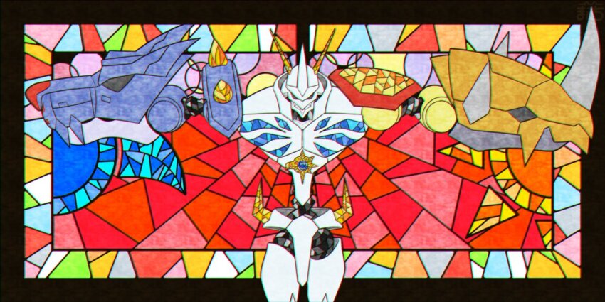 black_border border closed_eyes cowboy_shot digimon digimon_(creature) horns manchi_kansuke mecha missing_commentary omegamon outstretched_arms robot solo spread_arms stained_glass