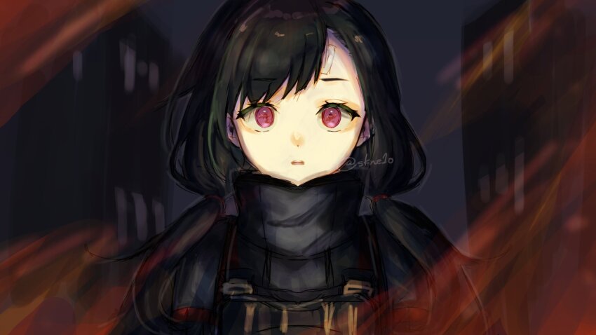 1girl asymmetrical_bangs bad_id bad_twitter_id bandaid bandaid_on_face bandaid_on_forehead black_hair building fire firefighter firefighter_jacket highres jacket little_match_girl_(sinoalice) low_twintails medium_hair night open_mouth reality_arc_(sinoalice) red_eyes scared signature sinoalice skne1o skyscraper solo twintails