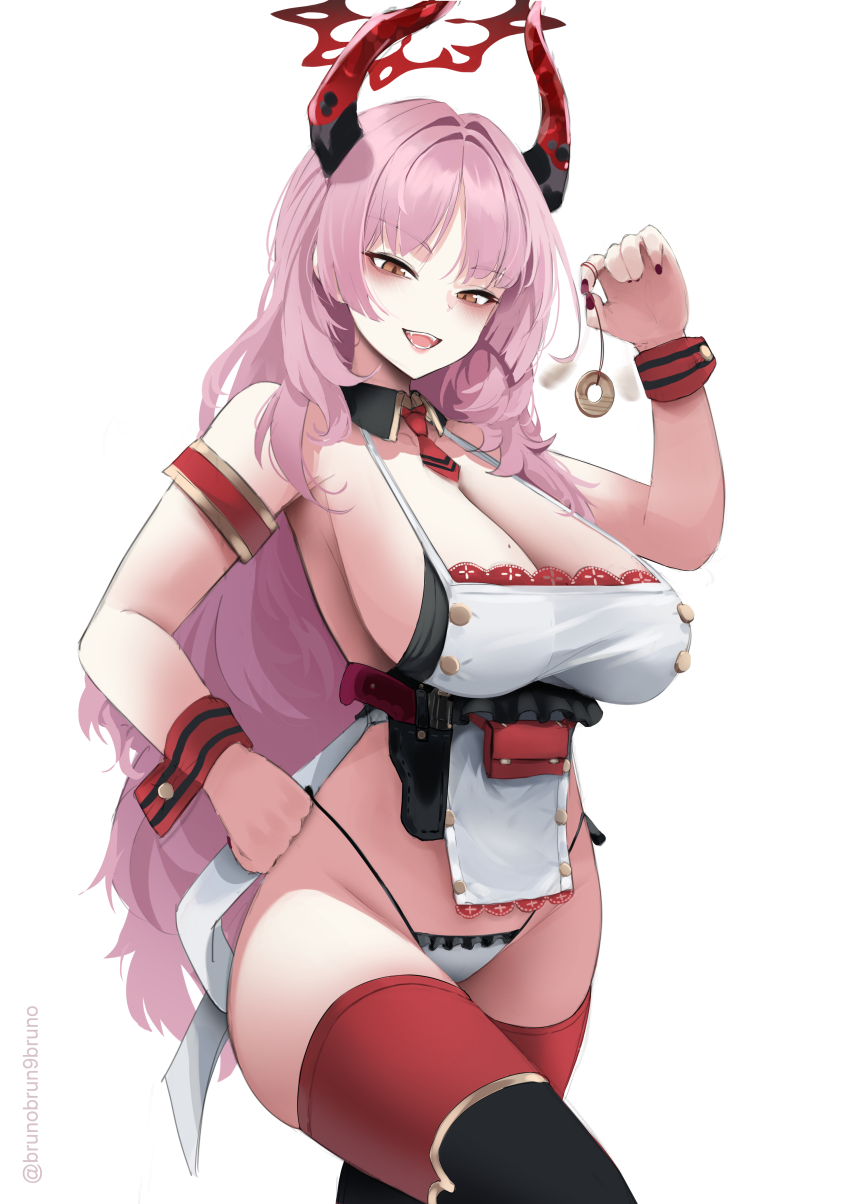 1girl absurdres apron blue_archive breasts brunobrun9bruno cleavage commentary_request cowboy_shot demon_horns halo highres holding holding_pendulum horns large_breasts long_hair mole mole_on_breast open_mouth orange_eyes panties pendulum pink_hair red_halo red_thighhighs satsuki_(blue_archive) simple_background solo thighhighs thighs twitter_username underwear very_long_hair white_apron white_background white_panties wrist_cuffs