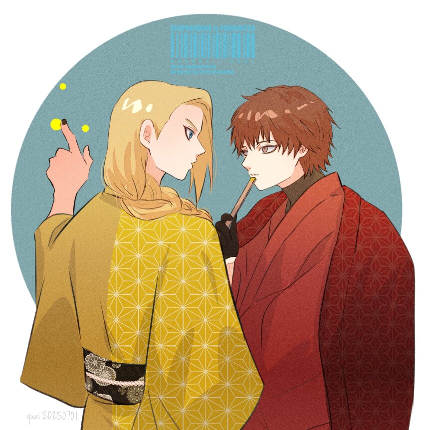 2boys black_gloves black_nails blue_eyes braid brown_eyes cape circle deidara_(naruto) folded_fan folding_fan gloves hand_fan highres holding holding_fan implied_yaoi japanese_clothes kimono light_particles long_hair looking_at_another male_focus miomu4 multiple_boys naruto_(series) naruto_shippuuden official_alternate_costume open_mouth parted_lips red_hair sasori_(naruto) short_hair side_braid simple_background single_braid star_(symbol) star_print watermark yukata