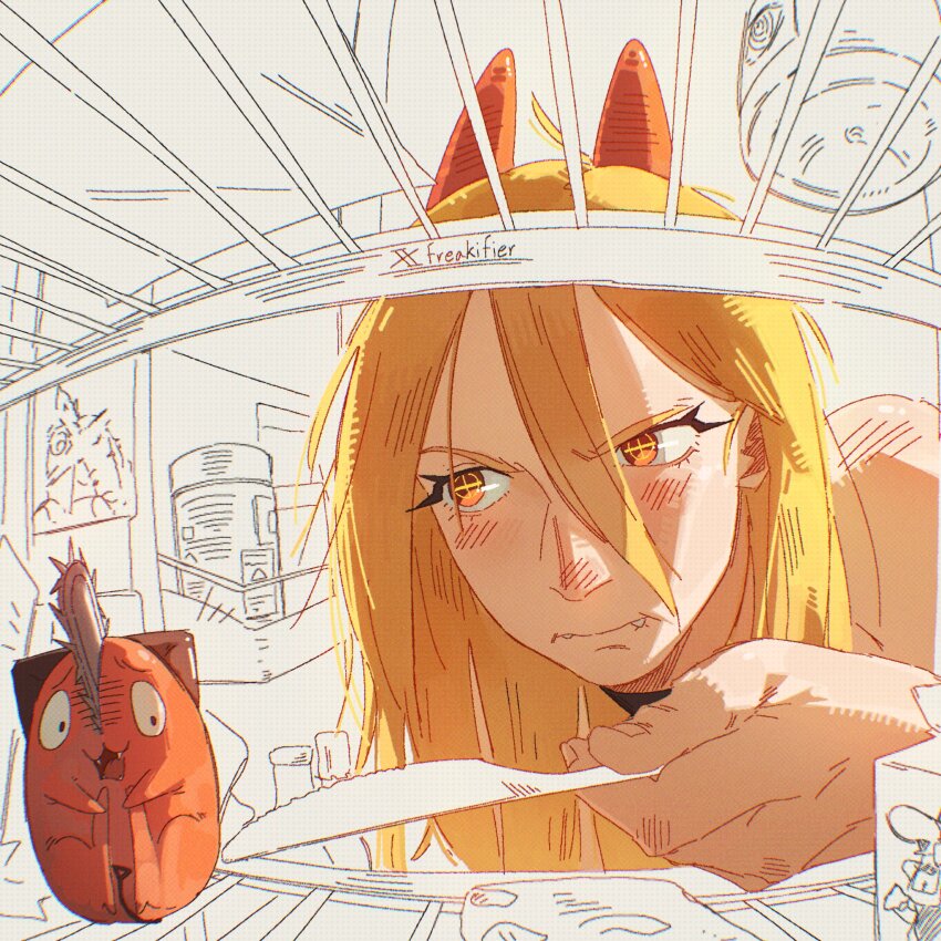 1girl 1other blush butter_knife chainsaw_man collarbone creature cross-shaped_pupils demon_girl fangs fangs_out freakifier furrowed_brow hair_between_eyes highres holding holding_knife horns hugging_own_legs knife long_hair orange_hair pochita_(chainsaw_man) power_(chainsaw_man) red_eyes red_horns refrigerator shirt symbol-shaped_pupils twitter_username upper_body white_shirt wide-eyed