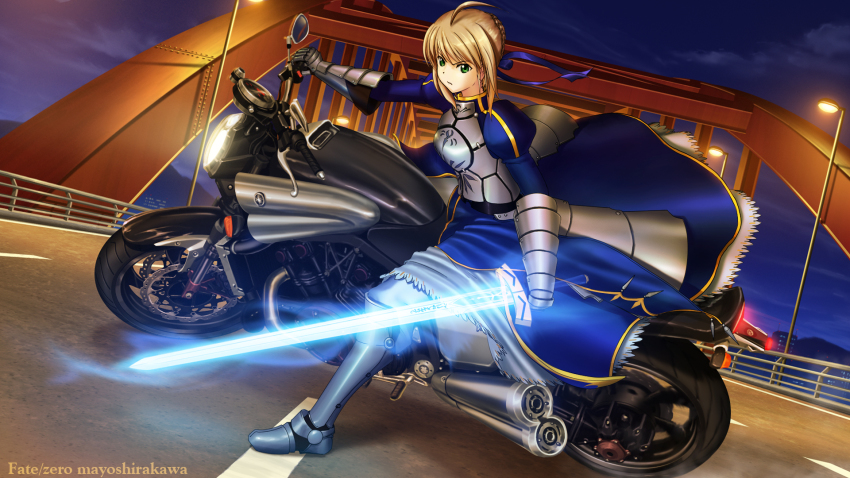 1girl ahoge armor armored_dress artoria_pendragon_(fate) blonde_hair blue_dress braid braided_bun breastplate bridge building dress excalibur_(fate/stay_night) fate/stay_night fate/zero fate_(series) faulds female_focus gauntlets glowing glowing_sword glowing_weapon greaves green_eyes hair_bun hair_ribbon highres highway holding lamp lamppost looking_at_viewer motor_vehicle motorcycle night puffy_sleeves ribbon saber_(fate) serious shirakawa_mayo solo sword vehicle weapon yamaha yamaha_v-max