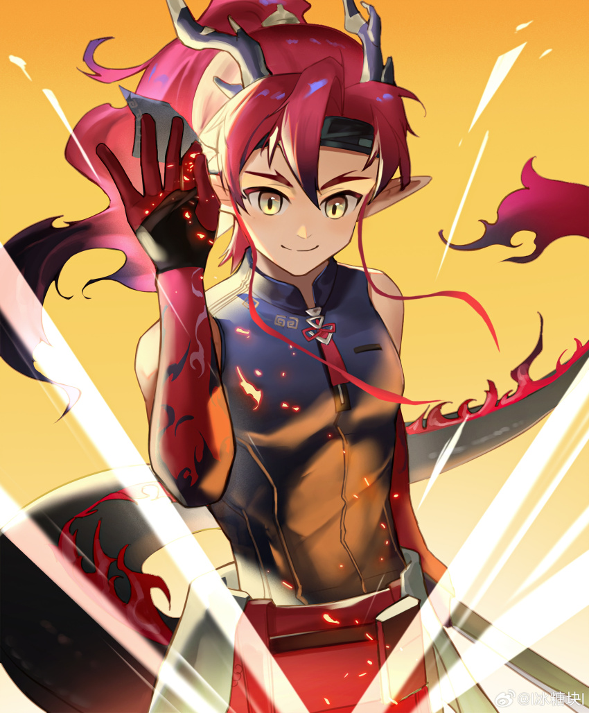 1boy absurdres arknights black_shirt chinese_commentary closed_mouth commentary_request dragon_boy dragon_horns dragon_tail highres horns male_focus meme pointy_ears red_hair rock_sugar salt_bae_(meme) shirt sleeveless sleeveless_shirt smile tail yellow_background yu_(arknights)