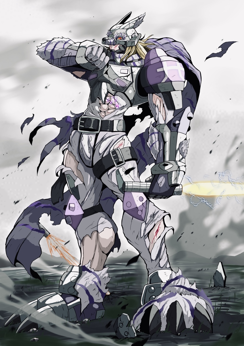 1boy abs absurdres armor belt black_belt blonde_hair blood blood_on_face blood_on_leg bodysuit broken_armor broken_helmet claws closed_mouth commentary_request commission cuts damaged digimon digimon_(creature) digimon_frontier energy_sword full_body helmet highres holding holding_weapon injury knee_pads lightsaber long_hair looking_at_viewer male_focus monster_boy monsterification muscular muscular_male pixiv_commission red_eyes sawa_d scarf shoulder_armor solo standing sutunununu sword thigh_belt thigh_strap torn_bodysuit torn_clothes torn_scarf vambraces weapon white_bodysuit wolf_boy wolfmon