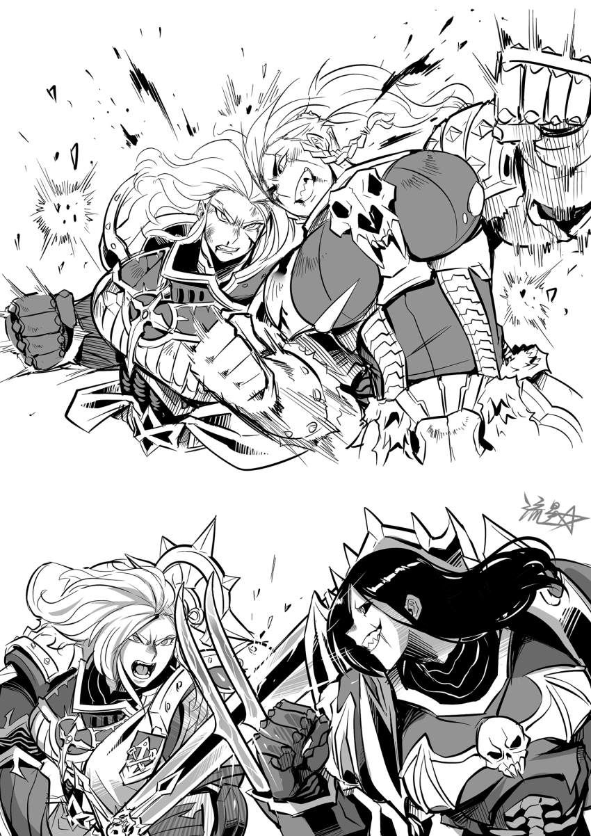 3girls armor black_sclera blush braid breasts character_request clenched_teeth colored_sclera fighting frown genderswap genderswap_(mtf) glaring greyscale grin highres holding holding_sword holding_weapon konrad_curze large_breasts leman_russ lion_el&#039;jonson long_hair monochrome multiple_girls open_mouth ryuusei_(mark_ii) siblings signature simple_background sisters smile sword teeth two-handed warhammer_40k weapon white_background