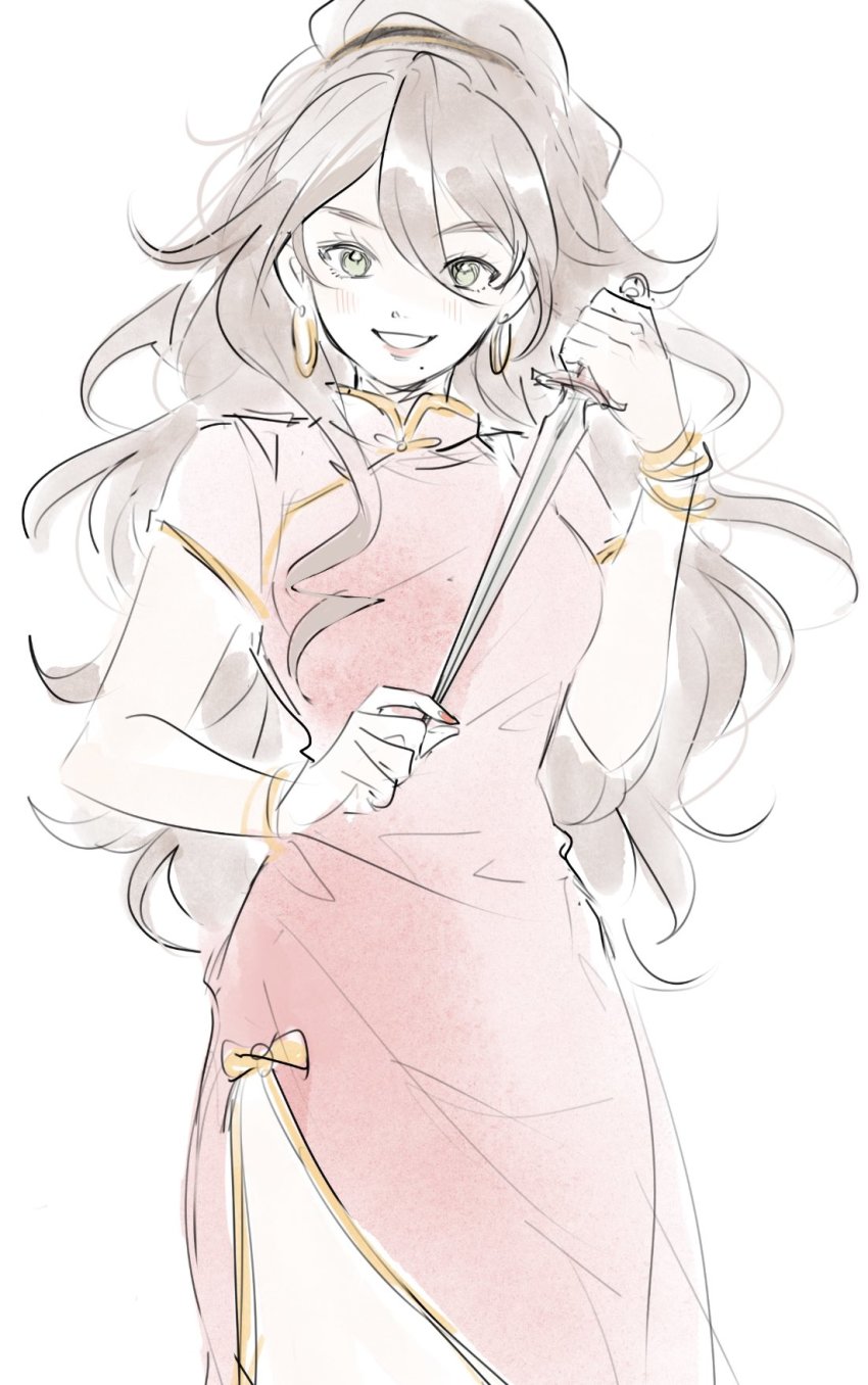1girl aubz bracelet breasts brown_hair commentary dress earrings english_commentary green_eyes hair_between_eyes highres holding holding_knife hoop_earrings jewelry knife long_hair medium_breasts mole mole_under_eye octopath_traveler octopath_traveler_i ponytail primrose_azelhart red_dress sketch smile solo white_background