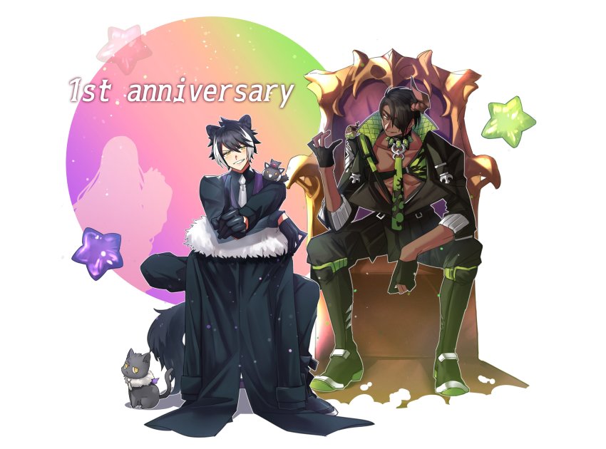 3boys absurdres animal_ears ankle_boots anniversary aragami_oga black_coat black_footwear black_gloves black_hair black_pants black_shirt boots cat chest_guard chungami coat unworn_coat collar creature creature_on_shoulder dark-skinned_male dark_skin eyepatch full_body fur-trimmed_coat fur_trim gloves green_eyes green_necktie grey_cat grin hair_between_eyes hair_over_one_eye half_gloves hand_up high_collar highres holostars horns index_finger_raised jackal_boy jackal_ears jackal_tail kageyama_shien knee_boots koyama_(kageyama_shien) legs_apart long_hair looking_at_viewer mafia_(holostars) male_focus multicolored_hair multiple_boys nakayama_(kageyama_shien) necktie nekoyama_shien on_shoulder open_clothes open_shirt pants partially_fingerless_gloves shirt short_hair silhouette silou_b single_horn sitting sitting_backwards smile star_(symbol) stole tail throne toned toned_male trinero tsukishita_kaoru two-tone_hair virtual_youtuber white_background white_hair white_necktie yellow_eyes