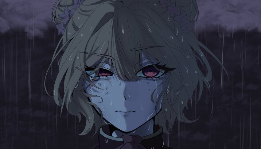 1girl absurdres blonde_hair chainsaw_man character_request closed_mouth copyright_request eyelashes flower_hairtie frown hair_between_eyes hair_bun hair_ornament highres looking_at_viewer okayshay portrait rain red_eyes scene_reference solo tagme